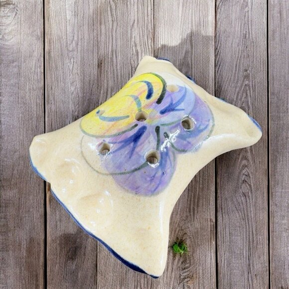 TB Pots Pottery Flower Frog Holder Hand Painted Made In Maine Stoneware Vintage - Picture 1 of 15